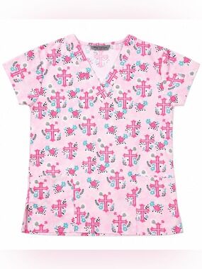 Wear For Care Pink Cross Scrub Top Size Small | V-Neck Medical Uniform | Nurse